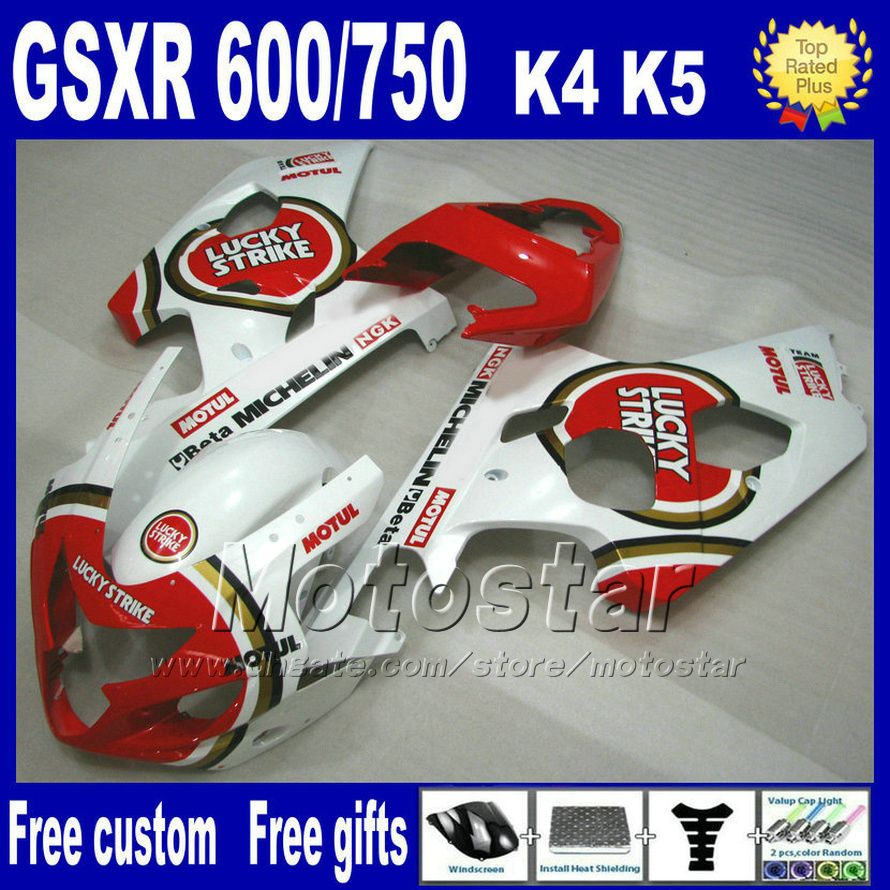 Wróżki Zestaw do Suzuki GSX-R600 GSX-R750 04 05 K4 Biały Czerwony Lucky Strike ABS Fairing Wallmarket Set GSXR 600 750 2004 2005 FB45