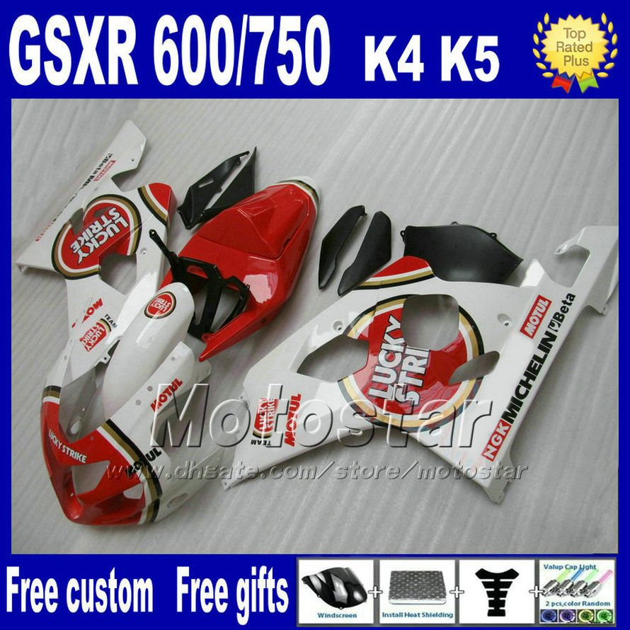 FAIRING KIT FÖR SUZUKI GSXR 600 750 2004 2005 K4 Fairings GSX-R600 04 GSX-R750 05 Vit Röd Lucky Strike Motobike Sets FB95