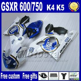 motorcycle fairings for suzuki gsxr 600 750 2004 2005 white blue lucky strike plastic fairing bodykits k4 gsxr 600 750 04 05 hj10