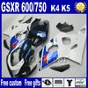 SUZUKI GSX-R600 / 750 2004 오토바이 용 부품 7 개 블루 화이트 블랙 페어링 키트 K4 페어링 키트 GSXR600 04 GSXR750 05 Hj22