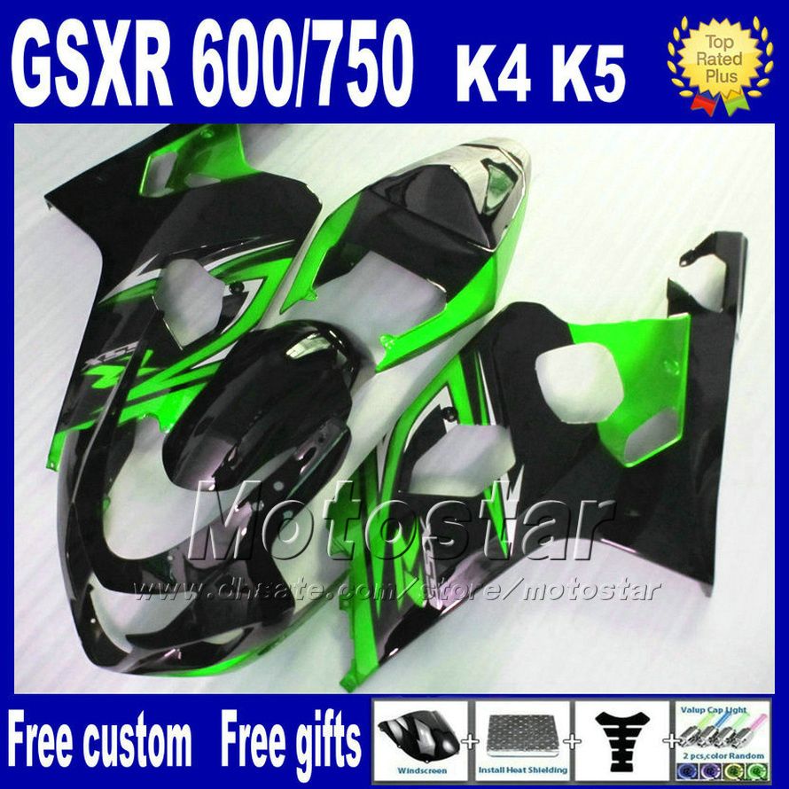 7 regalos kits de cuerpo de carenado de abs para suzuki gsxr600 gsxr750 2004 2005 k4 carenados verdes y negros kit de carrocería gsxr600 750 04 05 hj54