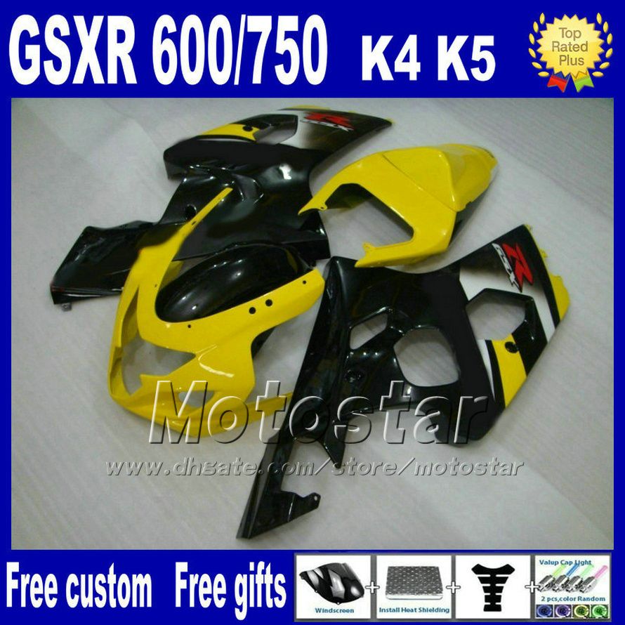 7 Gåvor Högkvalitativ fairingkit för Suzuki GSXR 600/750 2004 2005 K4 GSXR600 04 GSXR750 05 Svart Gula Motorcykel Fairings NP23