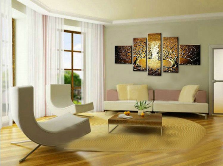 100% Hecho a mano pintura al óleo sobre lienzo árbol beso Rojo Azul Amarillo abstracto moderno 5 panel conjunto arte de la pared grande barato decoración para el hogar CX501