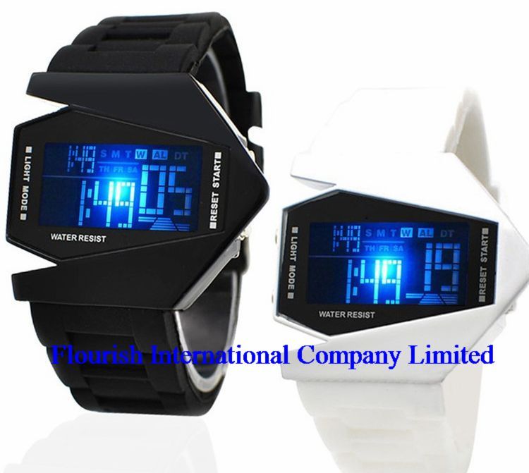 

Wholesale 100pcs/lot Mix 12Colors Digital Stealth Fighters Design LED Sports Watch Colorful Background Lights Alloy watch LW003, Silicone wristband
