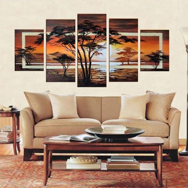 Óleo pintado à mão As árvores Africano nascer do sol Paisagem pintura a óleo sobre tela arte de parede conjunto de 5 peças FZ00198502923239235