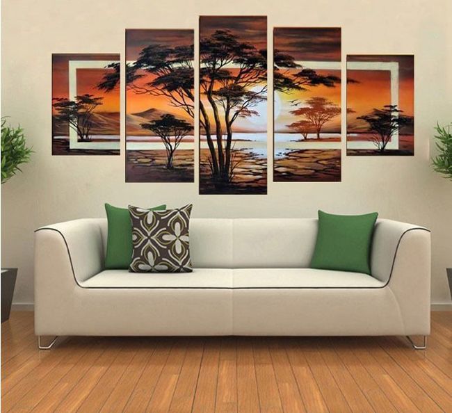 

Free Shipping !! hand-painted oil The trees African sunrise Landscape oil painting on canvas wall art 5 piece /set ,FZ001