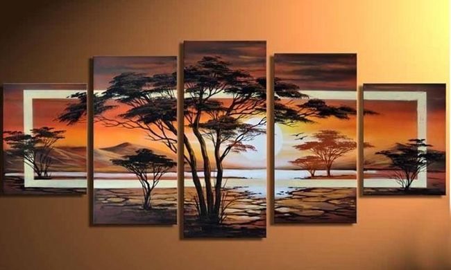 Handmålad olja Trädet African Sunrise Landscape Oil Målning på dukväggskonst 5 -stycken Set FZ00198502923239235