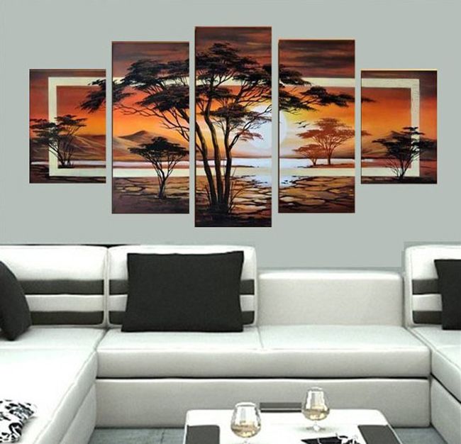 Ręcznie malowany olej drzewa afrykański wschód słońca obraz olejny na płótnie na ścianie 5 -częściowy zestaw FZ00198502921787338