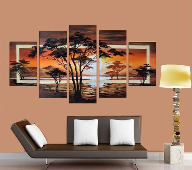 Kostenloser Versand !! handgemalte Öl Die Bäume afrikanischen Sonnenaufgang Landschaft Ölgemälde auf Leinwand Wandkunst 5 Stück / Satz, FZ001
