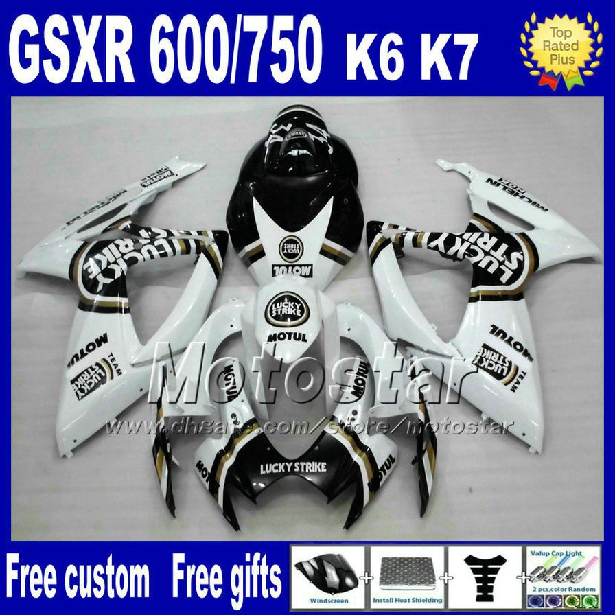 Injektionsvaror för Suzuki K6 GSX-R 600/750 06 07 Vit Svart Lucky Strejke Fairings Set GSXR600 GSXR750 2006 2007 ND29