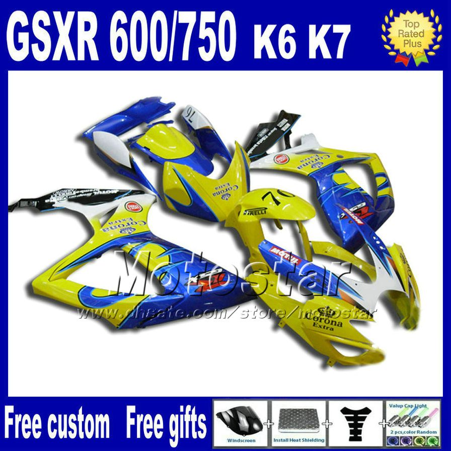Injektionsmålningssätt för Suzuki Fairing GSX-R 600/750 2006 2007 Yellow Blue Corona Motorcykeldelar K6 GSXR 600 750 06 07 NT1