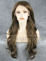 Wavy Long Highlight Brown Wig Heat Safe Synthetic Hair Wig 150% Density Front Lace Wig