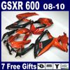 Kit de carénage pour suzuki gsxr 600 750 2008 2009 2010 k8 kit carrosserie orange noir gsxr750 gsxr600 08 09 10 carénages 7 cadeaux