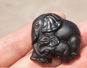 Free delivery of natural obsidian pendant by hand carving. Double elephant (auspicious). Good luck necklace pendant.