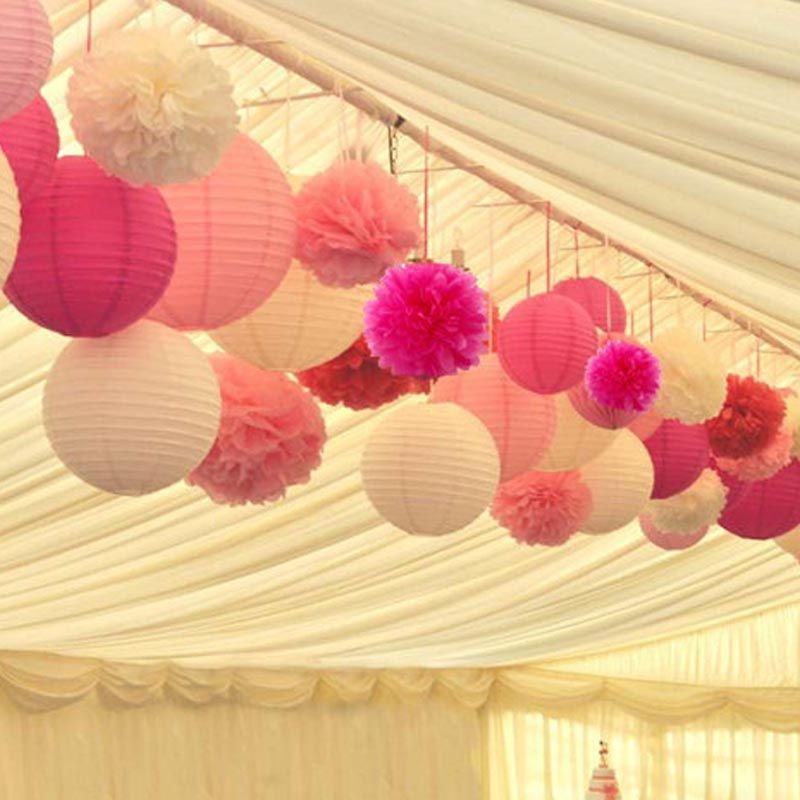 Custom Mixed White Pink Hot Pink Paper Lanterns & Pom Poms Wedding