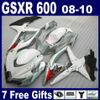 스즈키를위한 페어링 키트 08 09 10 GSXR 600/750 K8 2008 2009 2010 GSX-R 750 600 실버 화이트 레드 페어링 세트 BT13+7GIFTS