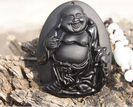 Natural obsidian amulet pendant manual sculpture. (laughing Buddha). 53 x x15mm necklace pendant