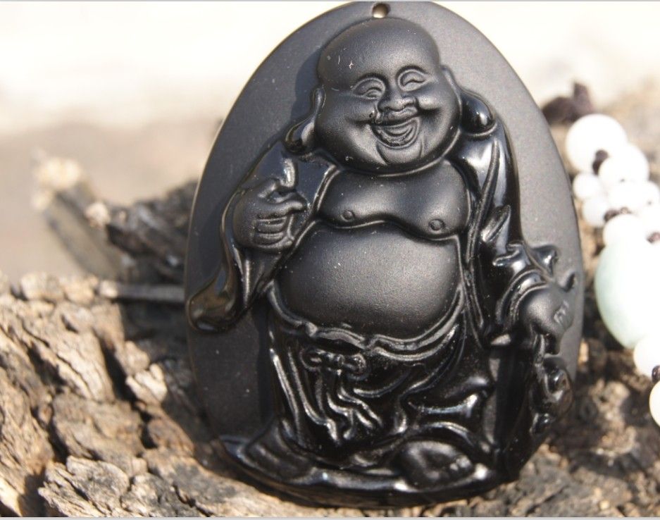 Natural obsidian amulet pendant manual sculpture. laughing Buddha. 53 x x15mm necklace pendant