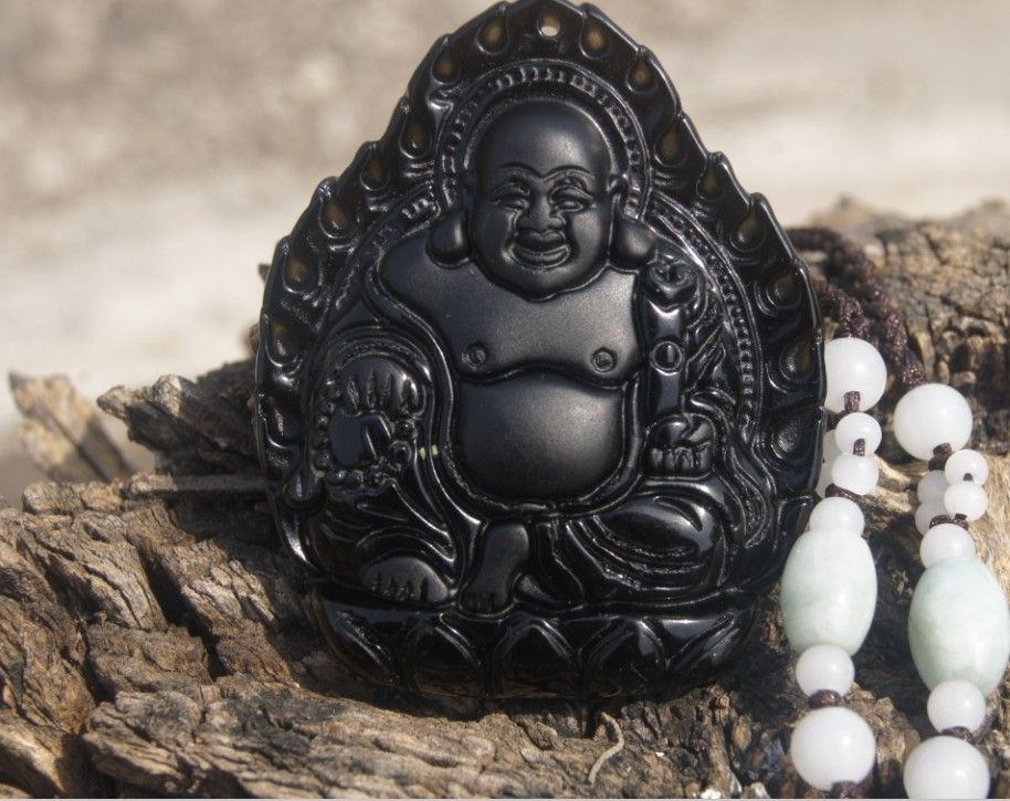 Manual sculpture Obsidian rock Buddha lotus throne, talisman necklace, pendant 53 x x15mm