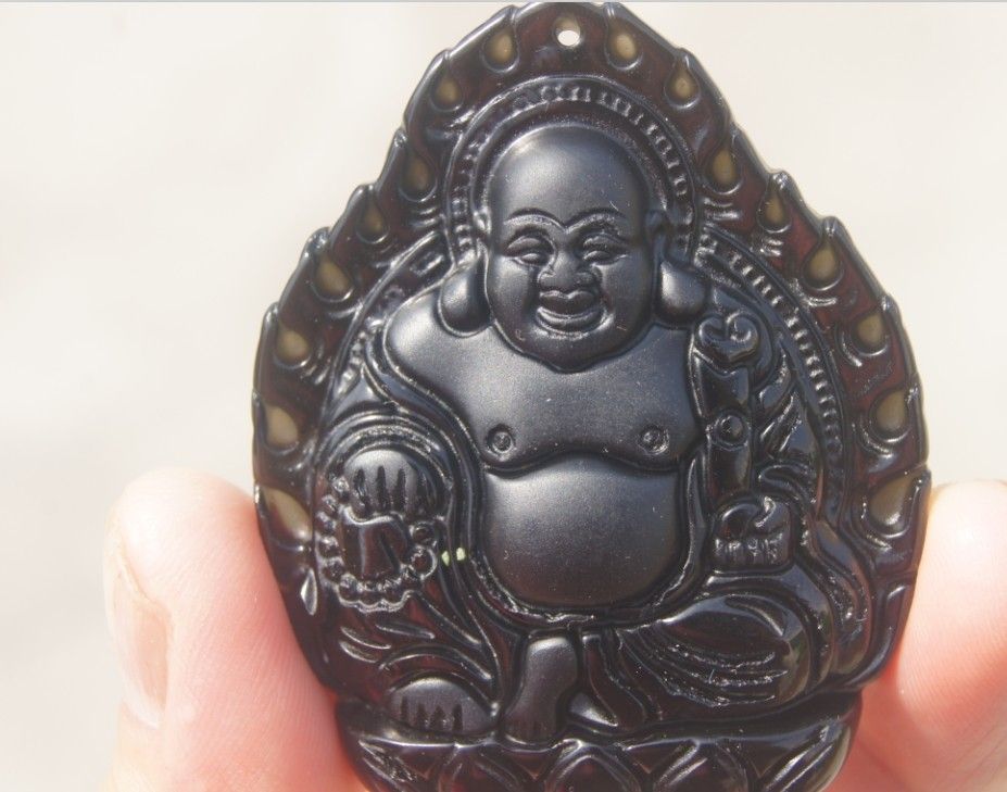 Manual sculpture Obsidian rock Buddha lotus throne, talisman necklace, pendant 53 x x15mm