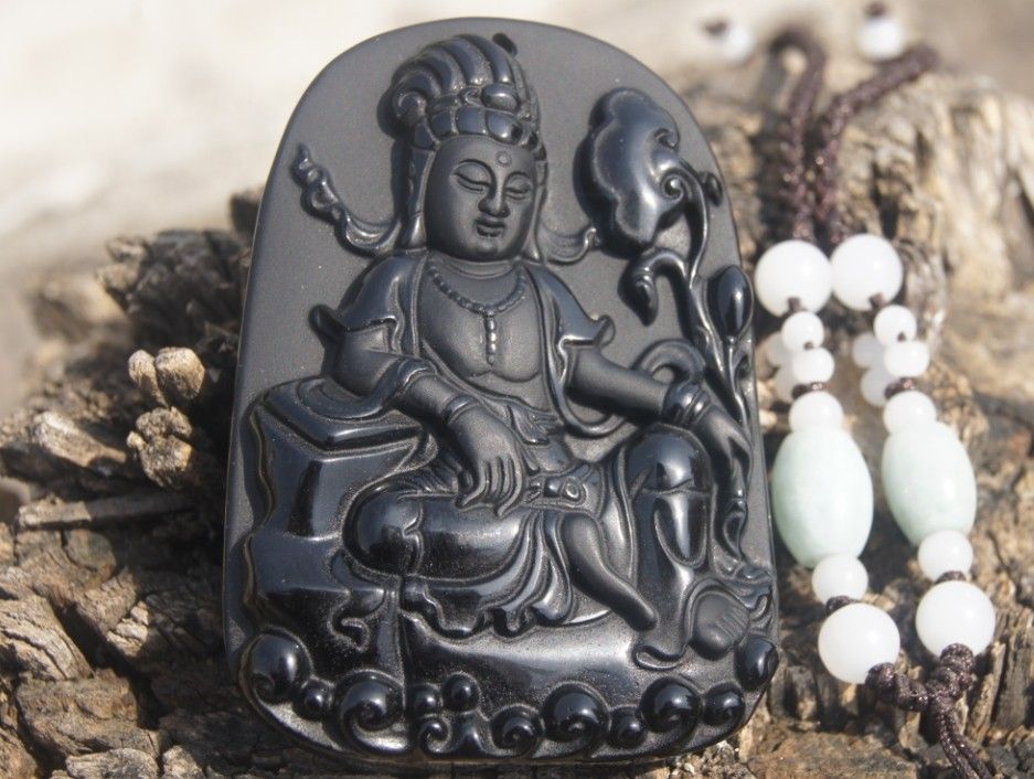 Chinese 100% Natural Obsidian Hand-carved Guanyin Amulet Pendant Free Necklace