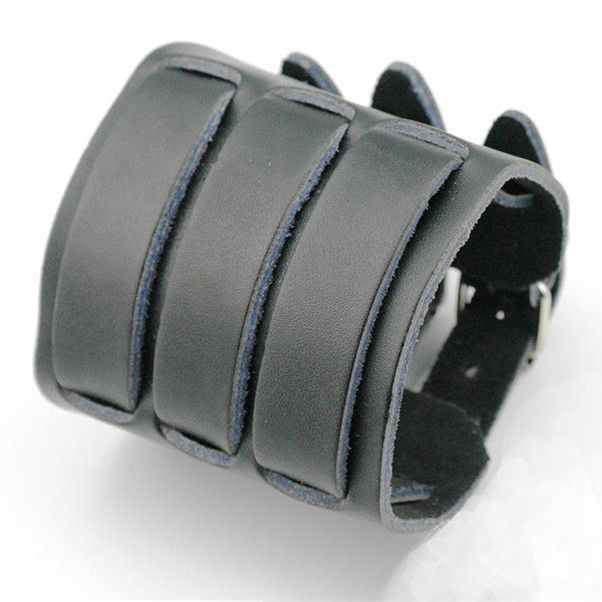 Mens Bracelets Punk Style 3 Buckle Wide Genuine Leather Bracelet