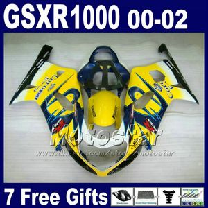 Motorcykelkropp för Suzuki GSXR 1000 K2 2000 2001 2002 Yellow Blue Corona Fairing Kit GSXR1000 00 - 02 GSX -R1000 med 7 gåvor DS8