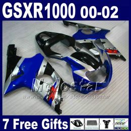 Motorcycle bodywork for SUZUKI GSXR 1000 K2 2000 2001 2002 silver blue black fairing kit GSXR1000 00 - 02 GSX-R1000 with 7 gifts DS11
