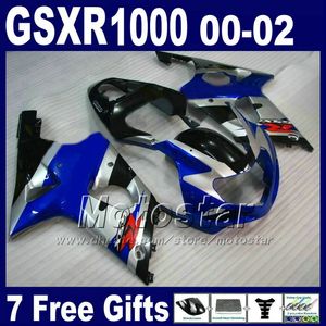 Kit carénage moto pour SUZUKI GSXR 1000 K2 2000 2001 2002 argent bleu noir GSXR1000 00 - 02 GSX-R1000 avec 7 cadeaux DS11