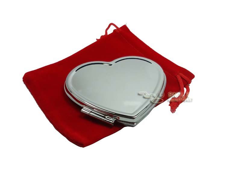 Silver Heart Shaped Compact Mirrors Blank Makeup Mirror FREE RED POUCHES Bridal Wedding Favors Gift 10X Drop Shipping#m0838