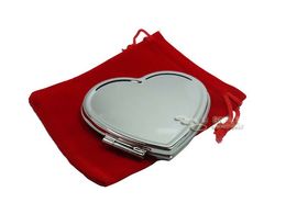 Silver Heart Shaped Compact Mirrors Blank Makeup Mirror FREE RED POUCHES Bridal Wedding Favours Gift 10X Drop Shipping#m0838