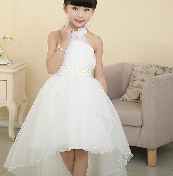 White Ivory Flower Girl Dress Fashion Halter Hand Made Flower High Low ...
