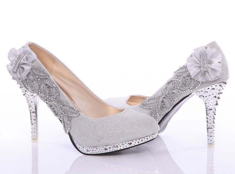 New Silver beautiful Vogue lace Flowers Crystal High Heels Wedding Bridal Shoes 