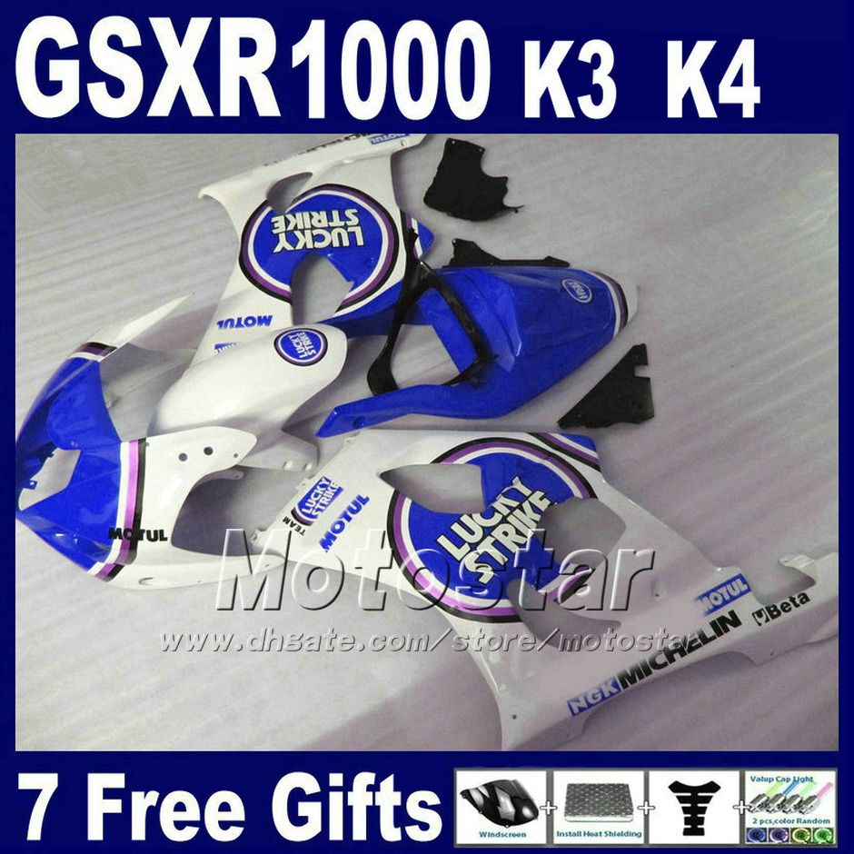 Ensemble de carénages abs pour suzuki k3 2003 2004 gsxr 1000 gsxr1000 03 04 gsxr1000 kit de carénage de haute qualité blanc bleu Lucky Strike sf81