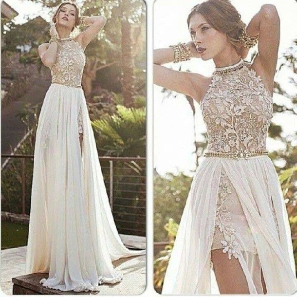  2014 chiffon lace backless evening dresses halter applique pearls sash side slit A line formal evening dresses beach party gowns BO5557