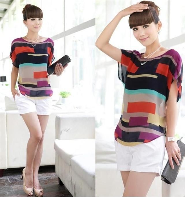 2021 XS XXL Women Striped Chiffon Shirt Multi Colour Print Shirts Lady Fashion Plus Loose Short