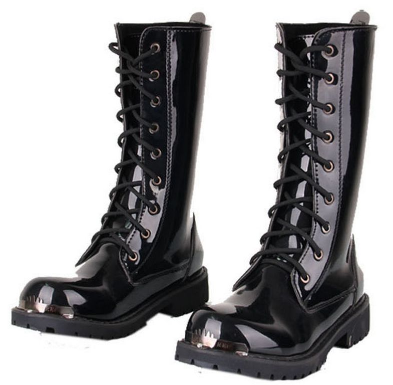 Men'S Knee High Boots,Black Punk Patent Leather Lace Up Shoes,Martin ...