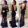 2014 Scoop Open Back See Through Mermaid Lace Appliques Zipper Floor Length Custom Made Sexy OEM Black Backless Evening/Celebrity Dresses