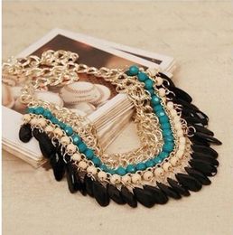 Gothic Vintage Women Party Statement Necklace Chains Chokers Tassel Black Water Layers Beaded Jewelry S009