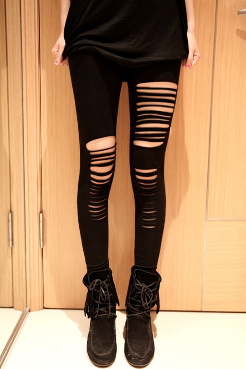 Damen-Hose im Punk-Rock-Stil mit schmalen Ausschnitten, dünne Baumwolle, ausgehöhltes Knie, Fantasie-zerrissene Leggings, Drop Ship, Schwarz, Weiß, Farben in M, XL, XXL