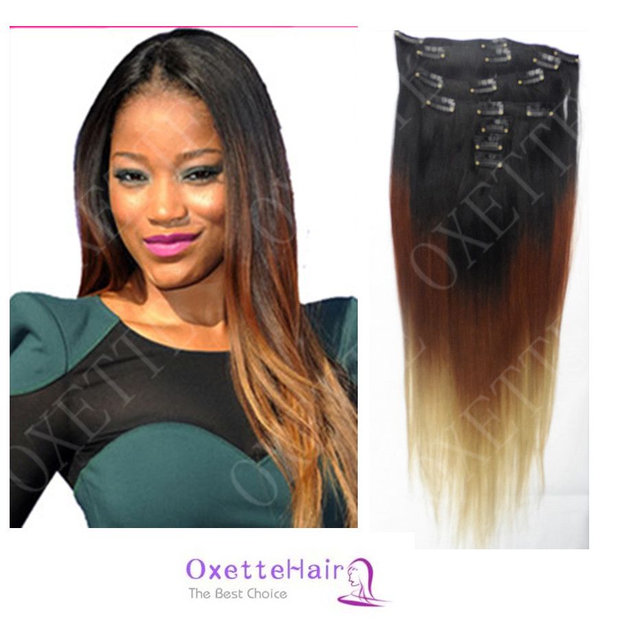 Oxette ombre hair extensions with clips Three Tone #1b/33/27 Ombre Clip in Hair Extensions 5A Peruvian Virgin Human Hair Straight