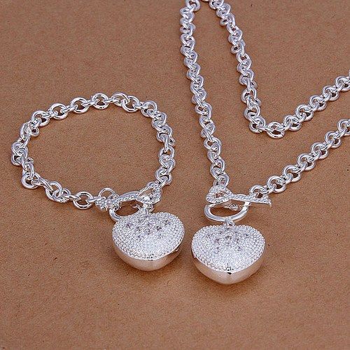 set di gioielli in argento sterling 925 con cucchiaio a forma di cuore con inserti LS-08. Set di braccialetti da collo placcati in argento 925 da donna. Supporto all'ingrosso, al dettaglio,