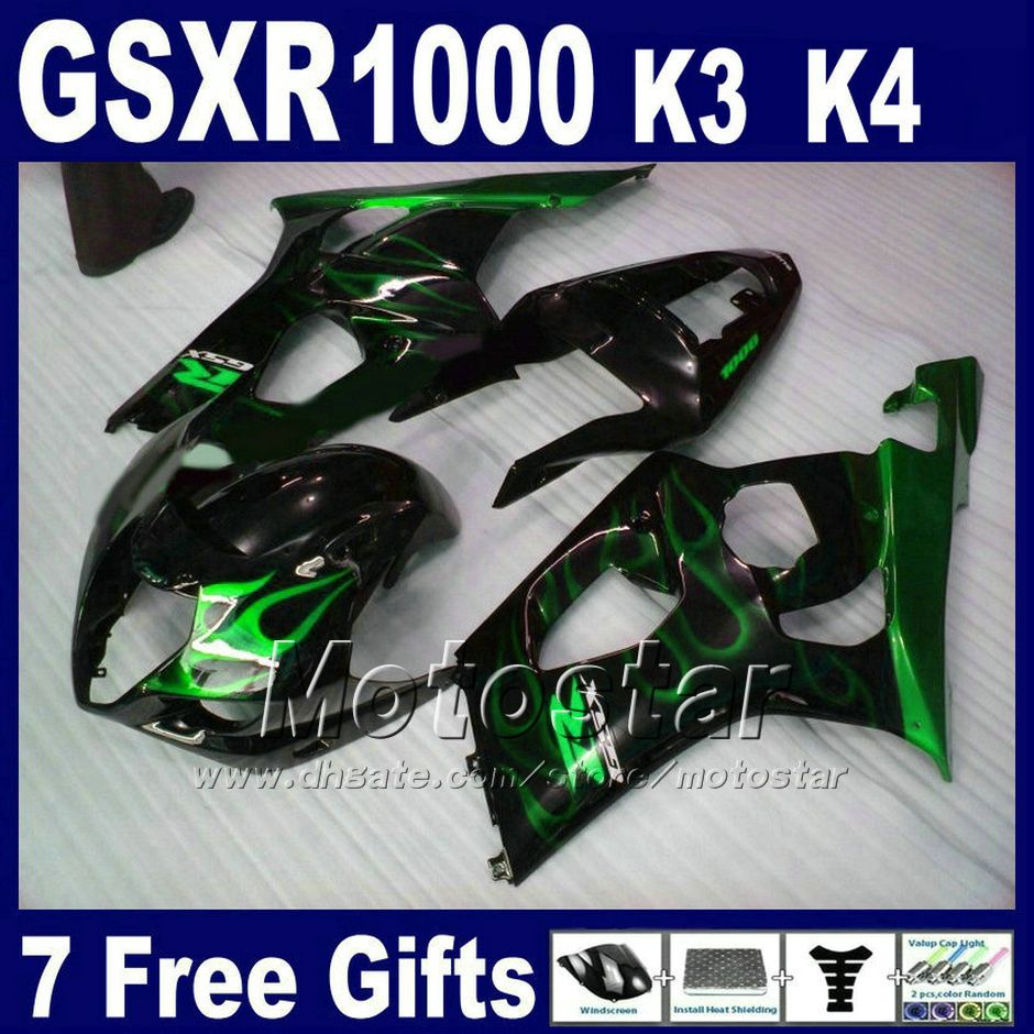 ABS motorfiets onderdelen voor SUZUKI GSXR 1000 K3 2003 2004 groene vlammen in zwart kuip kit GSX-R1000 03 04 stroomlijnkappen GSXR1000 FG94