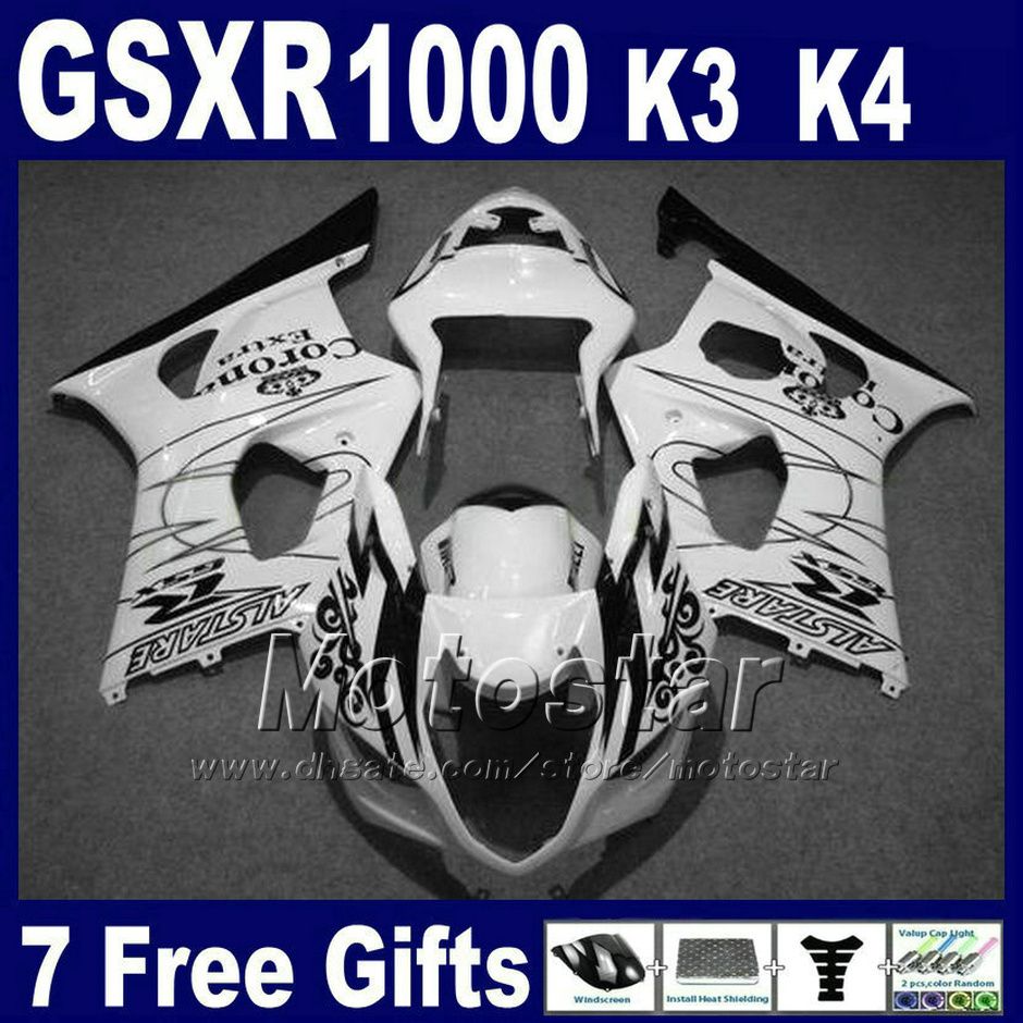 Özel Motobike Set Suzuki GSXR 1000 K3 2003 2004 Için Set Beyaz Siyah Corona Fairing Kiti GSX-R1000 03 04 PERSASYONLAR Bodywork GSXR1000 GH43 + 7 Hediyeler