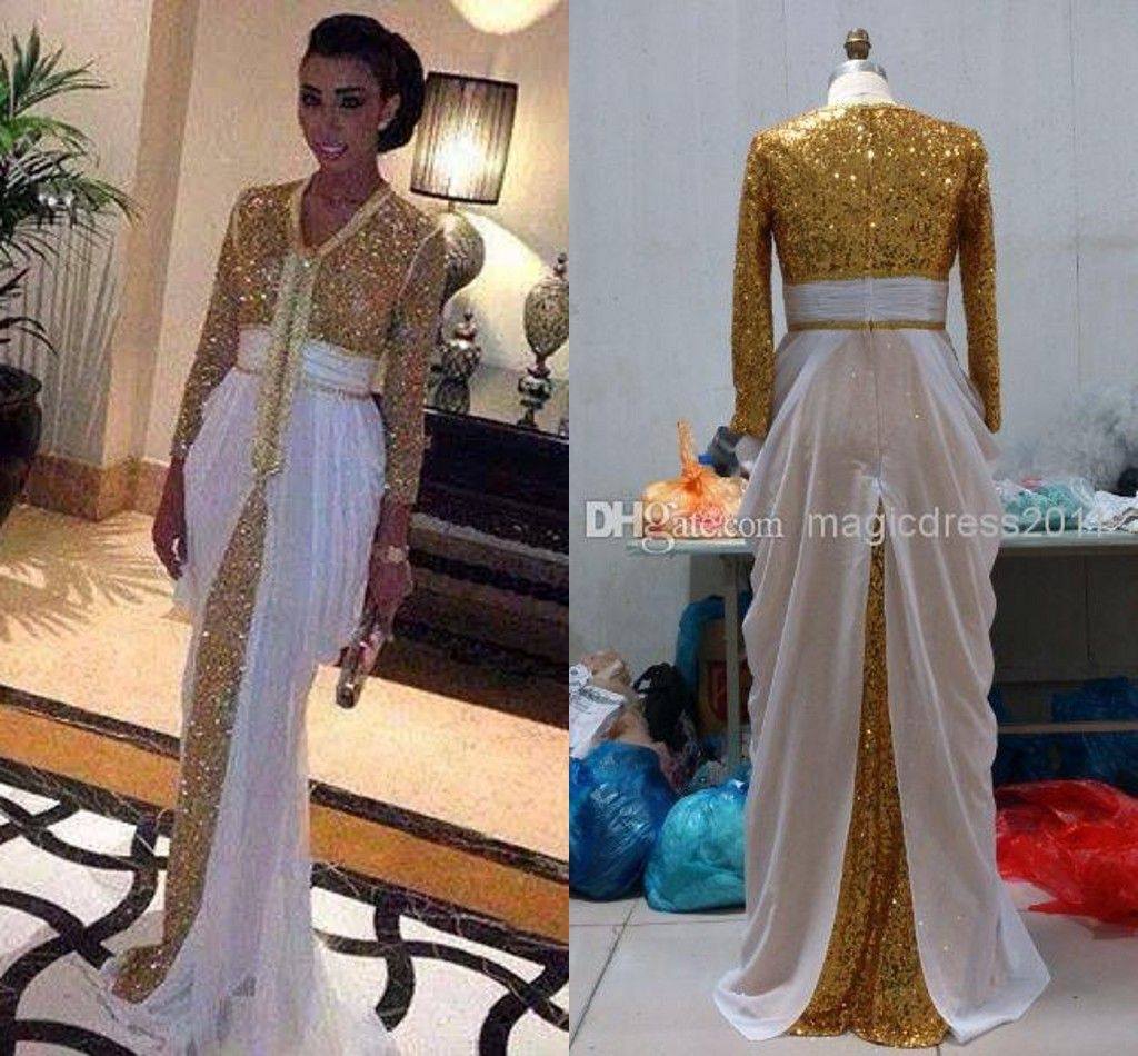 2019 Neue Ankunft Sexy Dubai Hijab Gold Pailletten Ballkleider Kleid A-Linie V-Ausschnitt 3/4 Langarm Plissee Langes Partykleid Abendkleid