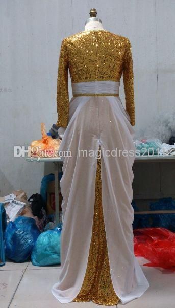 2019 Neue Ankunft Sexy Dubai Hijab Gold Pailletten Ballkleider Kleid A-Linie V-Ausschnitt 3/4 Langarm Plissee Langes Partykleid Abendkleid