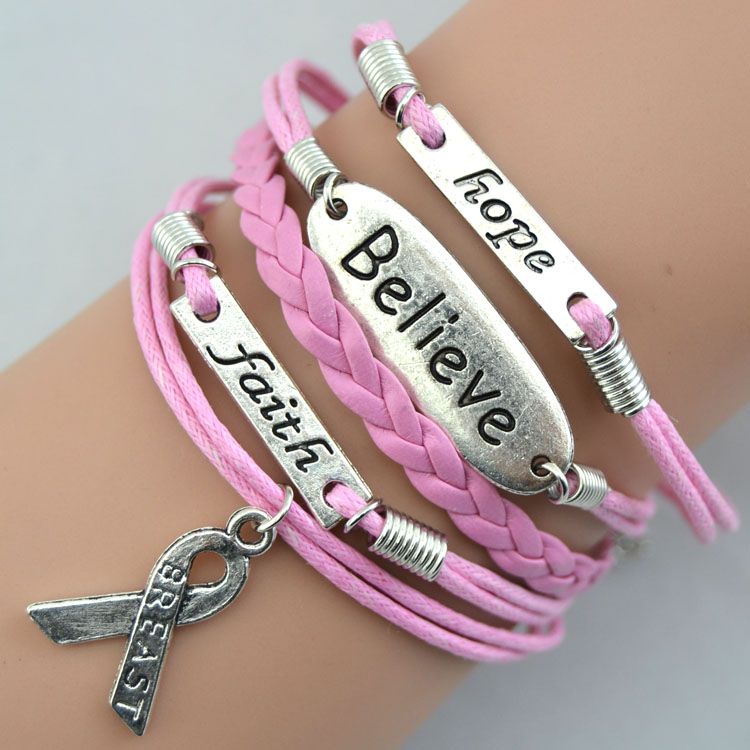 

Cancer Awareness Bracelet Hope Believe Faith Charms Leather Rope Wrap Wristband