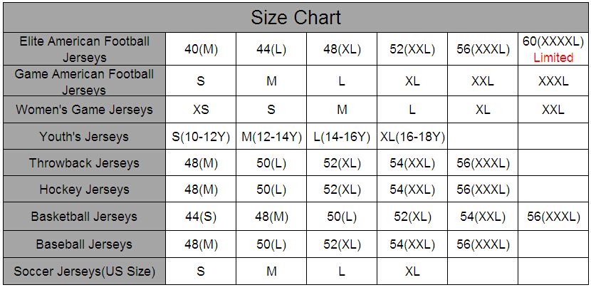 American Football Uniform Size Chart