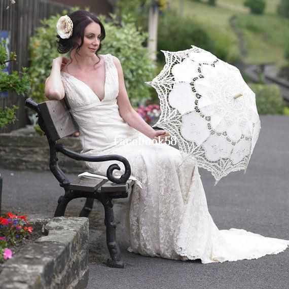 Hecho a blanco y beige Battenburg encaje Vintage boda nupcial paraguas sombrilla para nupcial