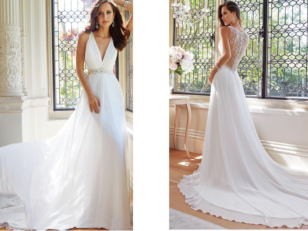 Discount 2014 Sexy Deep V Neck Train Length Summer Wedding Dresses For ...